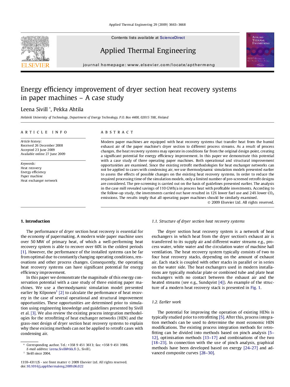 Energy efficiency improvement of dryer section heat recovery systems in paper machines - A case study