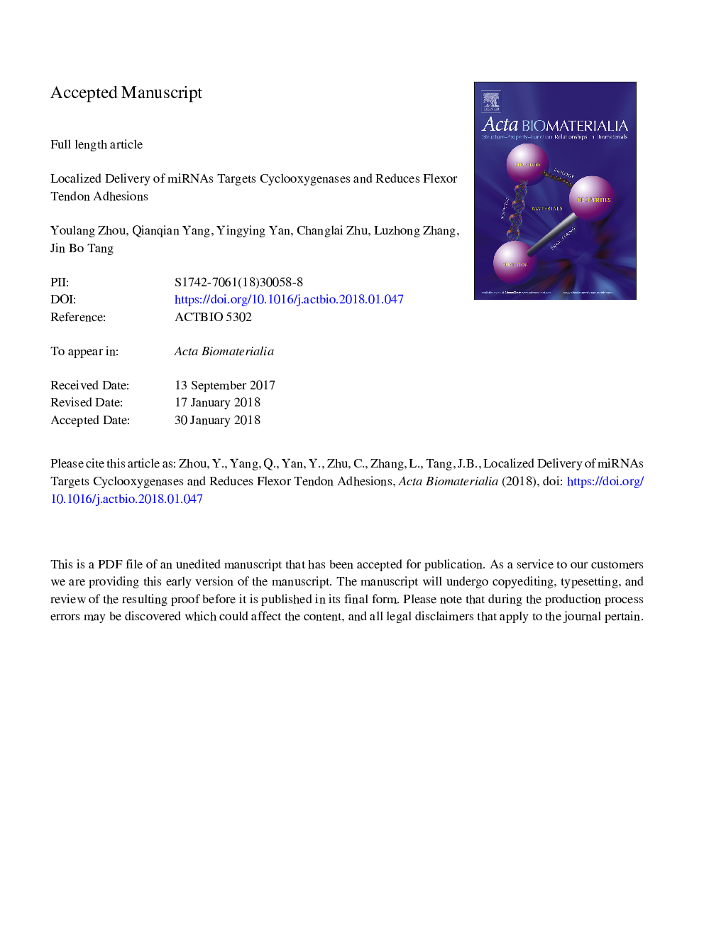 Localized delivery of miRNAs targets cyclooxygenases and reduces flexor tendon adhesions