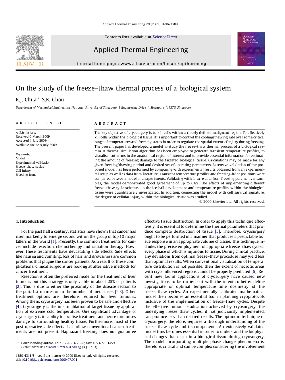 On the study of the freeze-thaw thermal process of a biological system