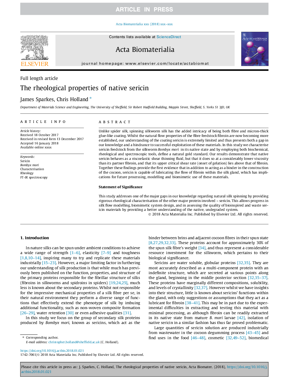 The rheological properties of native sericin