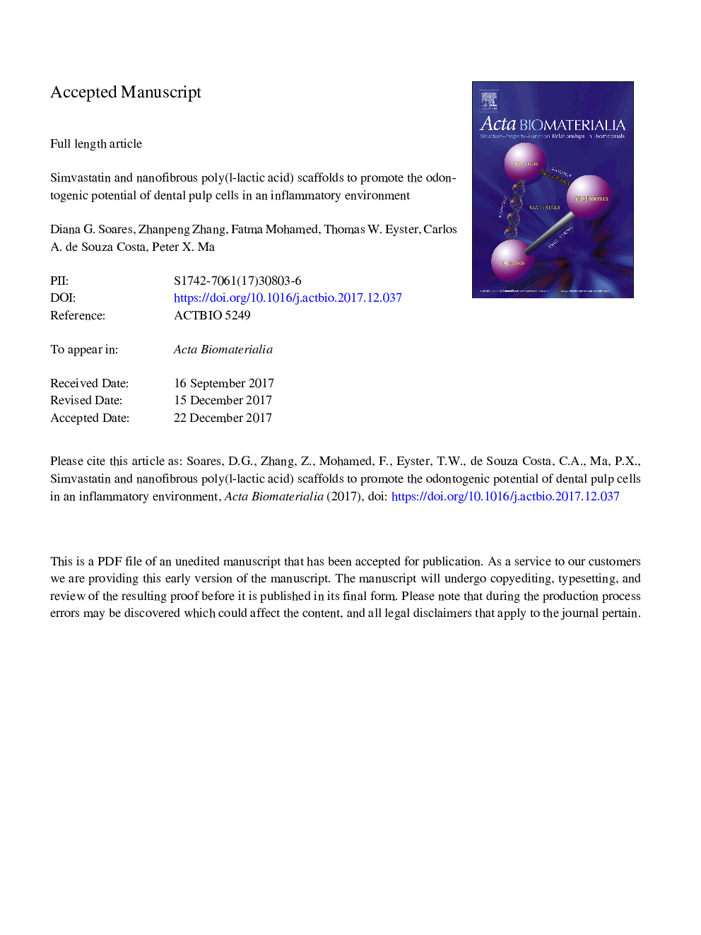 Simvastatin and nanofibrous poly(l-lactic acid) scaffolds to promote the odontogenic potential of dental pulp cells in an inflammatory environment