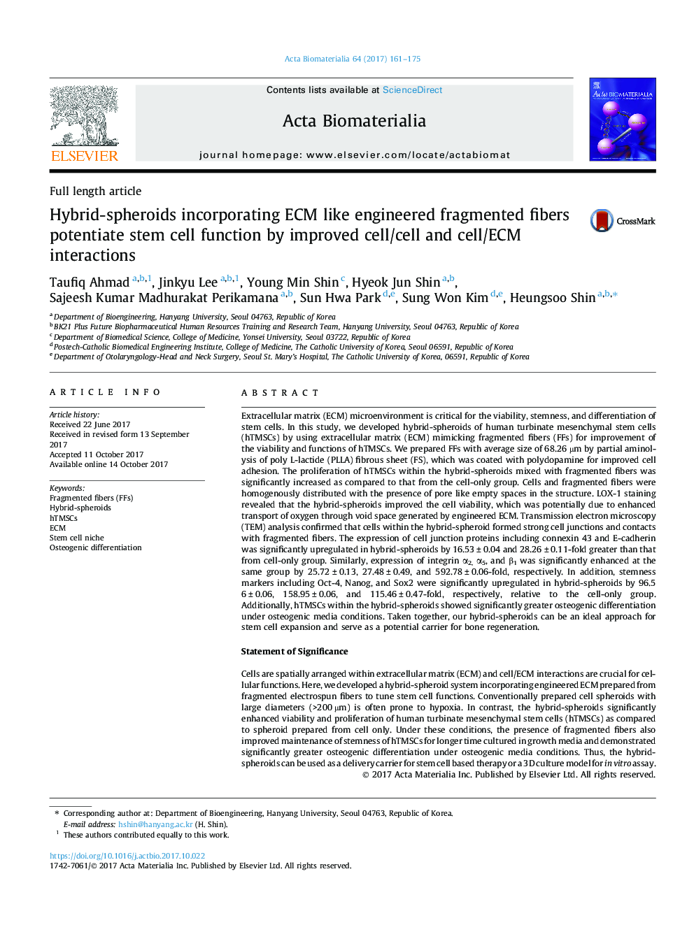 Hybrid-spheroids incorporating ECM like engineered fragmented fibers potentiate stem cell function by improved cell/cell and cell/ECM interactions