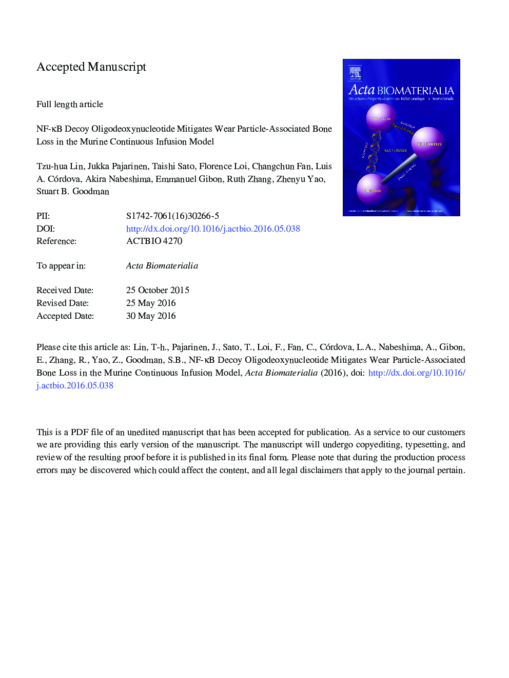 NF-ÎºB decoy oligodeoxynucleotide mitigates wear particle-associated bone loss in the murine continuous infusion model