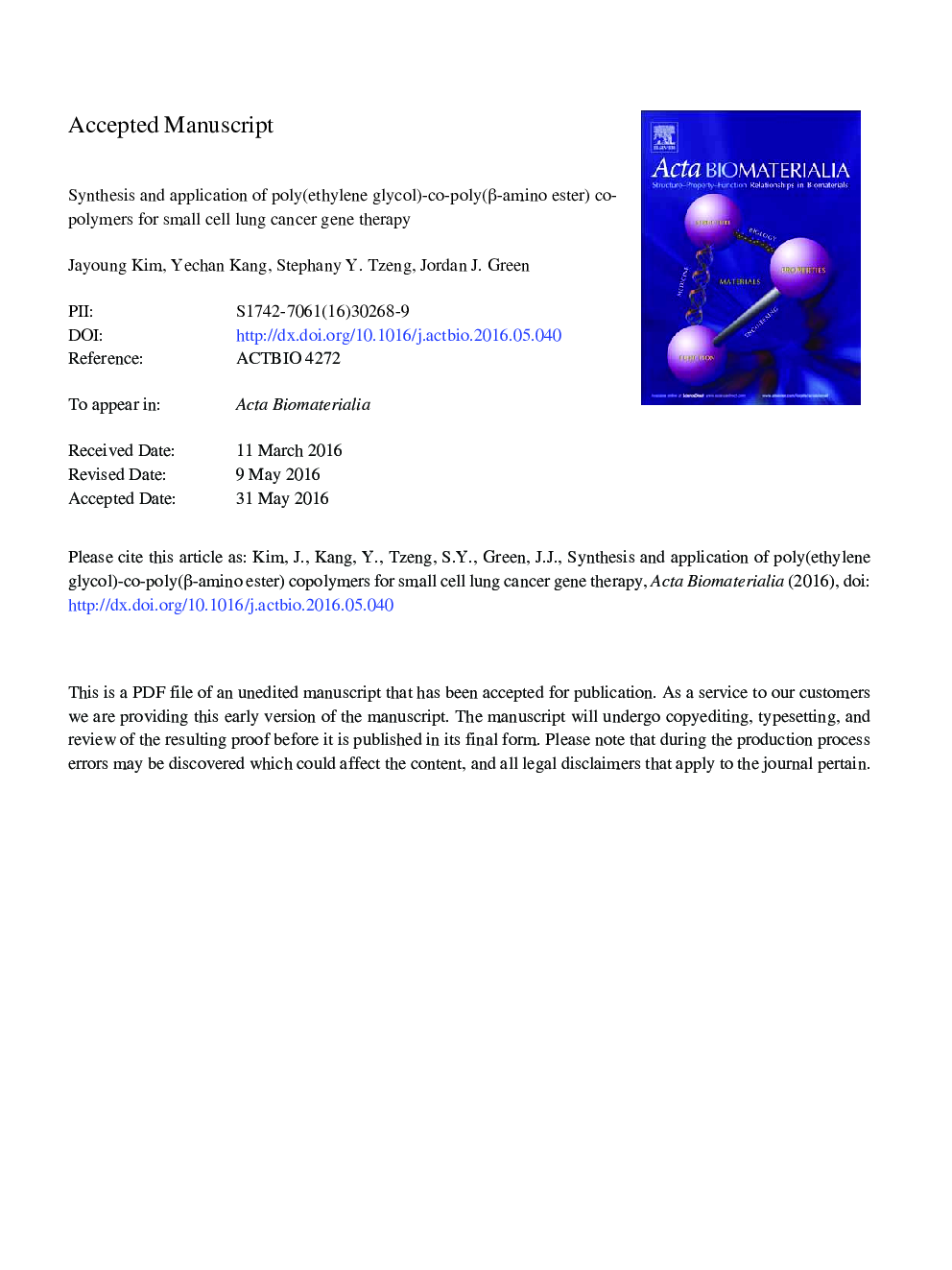 Synthesis and application of poly(ethylene glycol)-co-poly(Î²-amino ester) copolymers for small cell lung cancer gene therapy