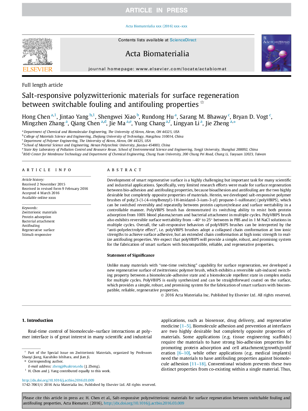 Salt-responsive polyzwitterionic materials for surface regeneration between switchable fouling and antifouling properties