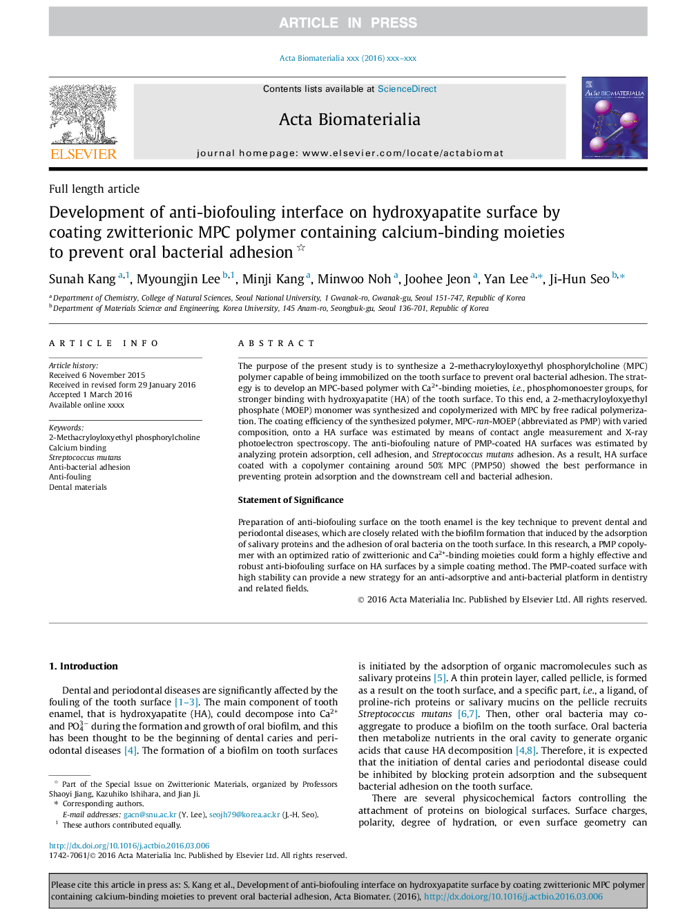 عکس صفحه اول مقاله: Development of anti-biofouling interface on hydroxyapatite surface by coating zwitterionic MPC polymer containing calcium-binding moieties to prevent oral bacterial adhesion Development of anti-biofouling interface on hydroxyapatite surface by coating zwitterionic MPC polymer containing calcium-binding moieties to prevent oral bacterial adhesion