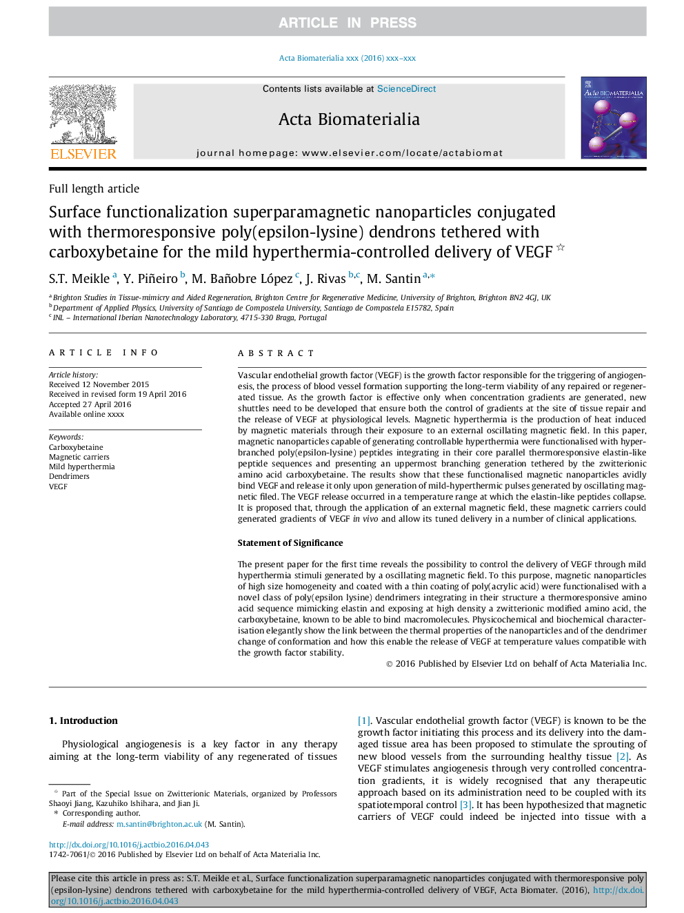 عکس صفحه اول مقاله: Surface functionalization superparamagnetic nanoparticles conjugated with thermoresponsive poly(epsilon-lysine) dendrons tethered with carboxybetaine for the mild hyperthermia-controlled delivery of VEGF Surface functionalization superparamagnetic nanoparticles conjugated with thermoresponsive poly(epsilon-lysine) dendrons tethered with carboxybetaine for the mild hyperthermia-controlled delivery of VEGF
