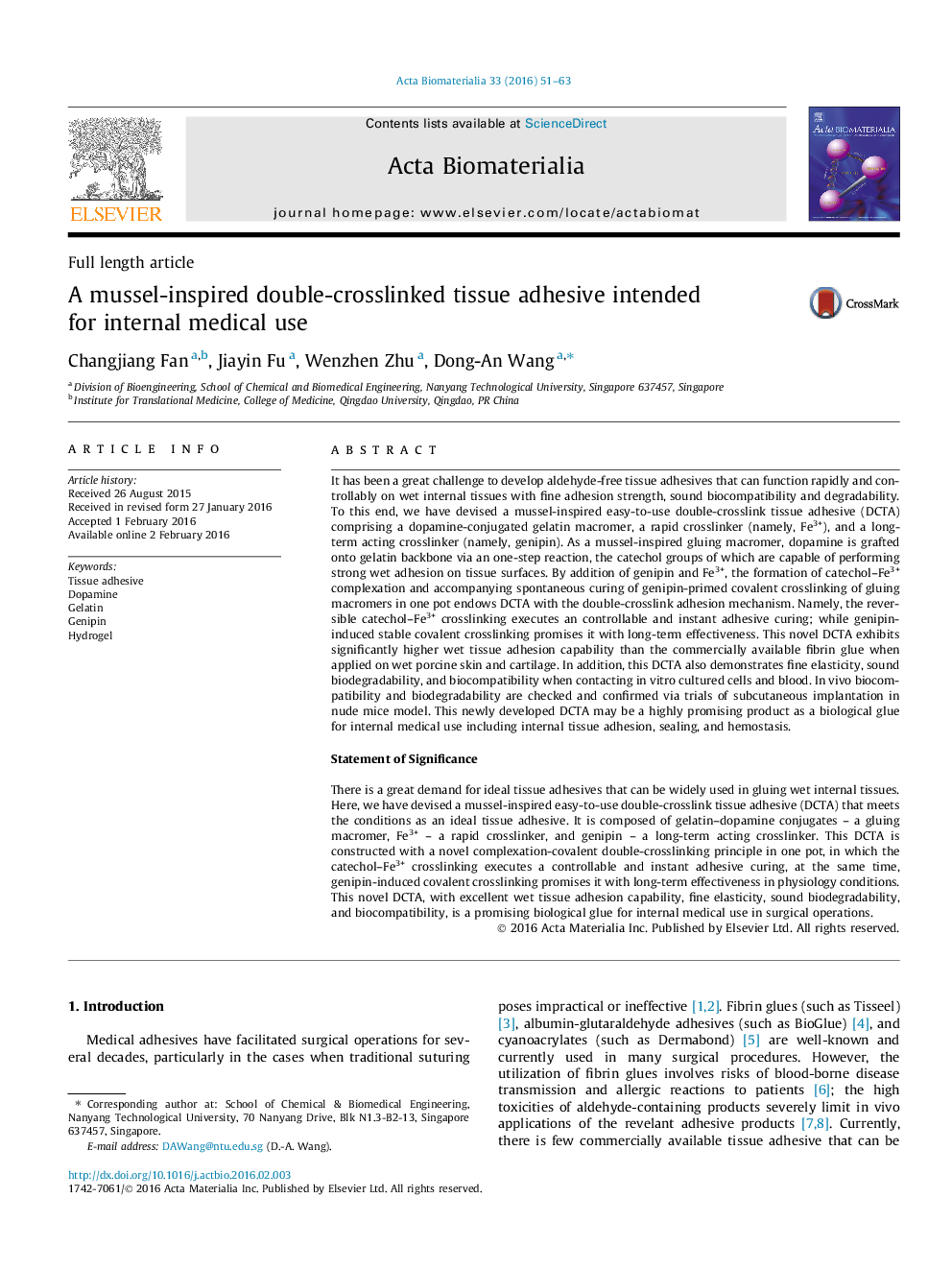 A mussel-inspired double-crosslinked tissue adhesive intended for internal medical use