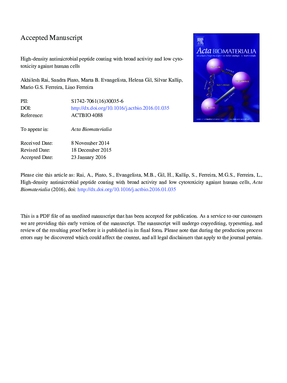 High-density antimicrobial peptide coating with broad activity and low cytotoxicity against human cells