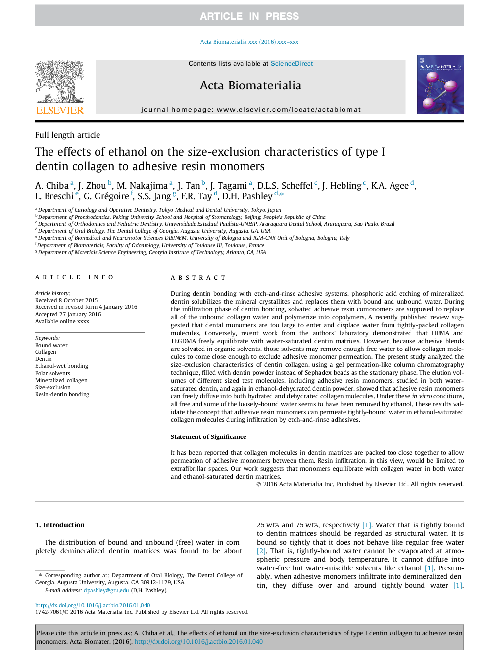 The effects of ethanol on the size-exclusion characteristics of type I dentin collagen to adhesive resin monomers