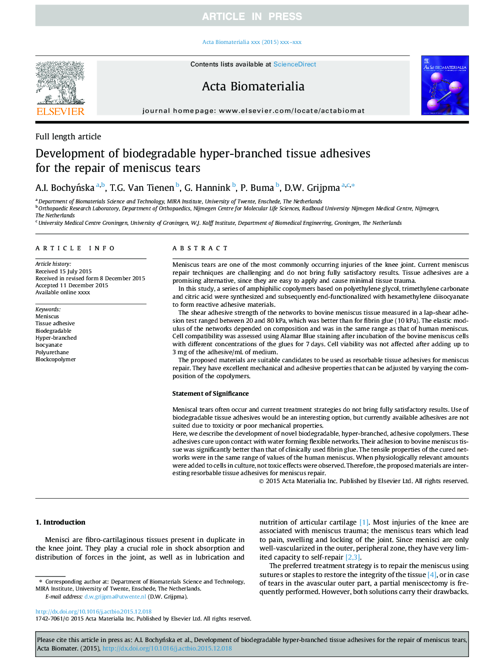 Development of biodegradable hyper-branched tissue adhesives for the repair of meniscus tears