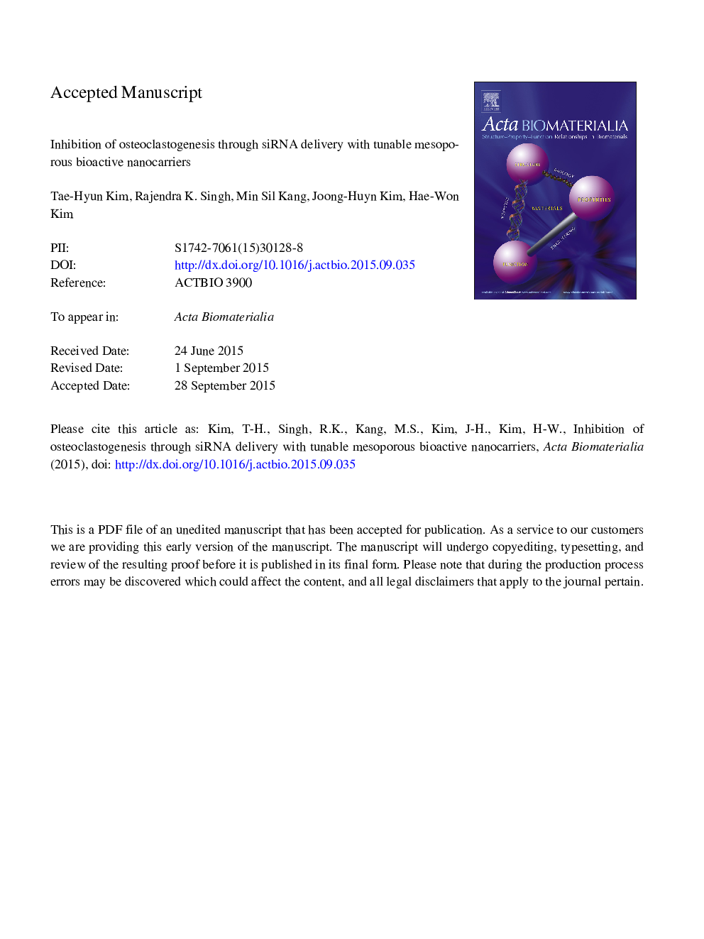 Inhibition of osteoclastogenesis through siRNA delivery with tunable mesoporous bioactive nanocarriers