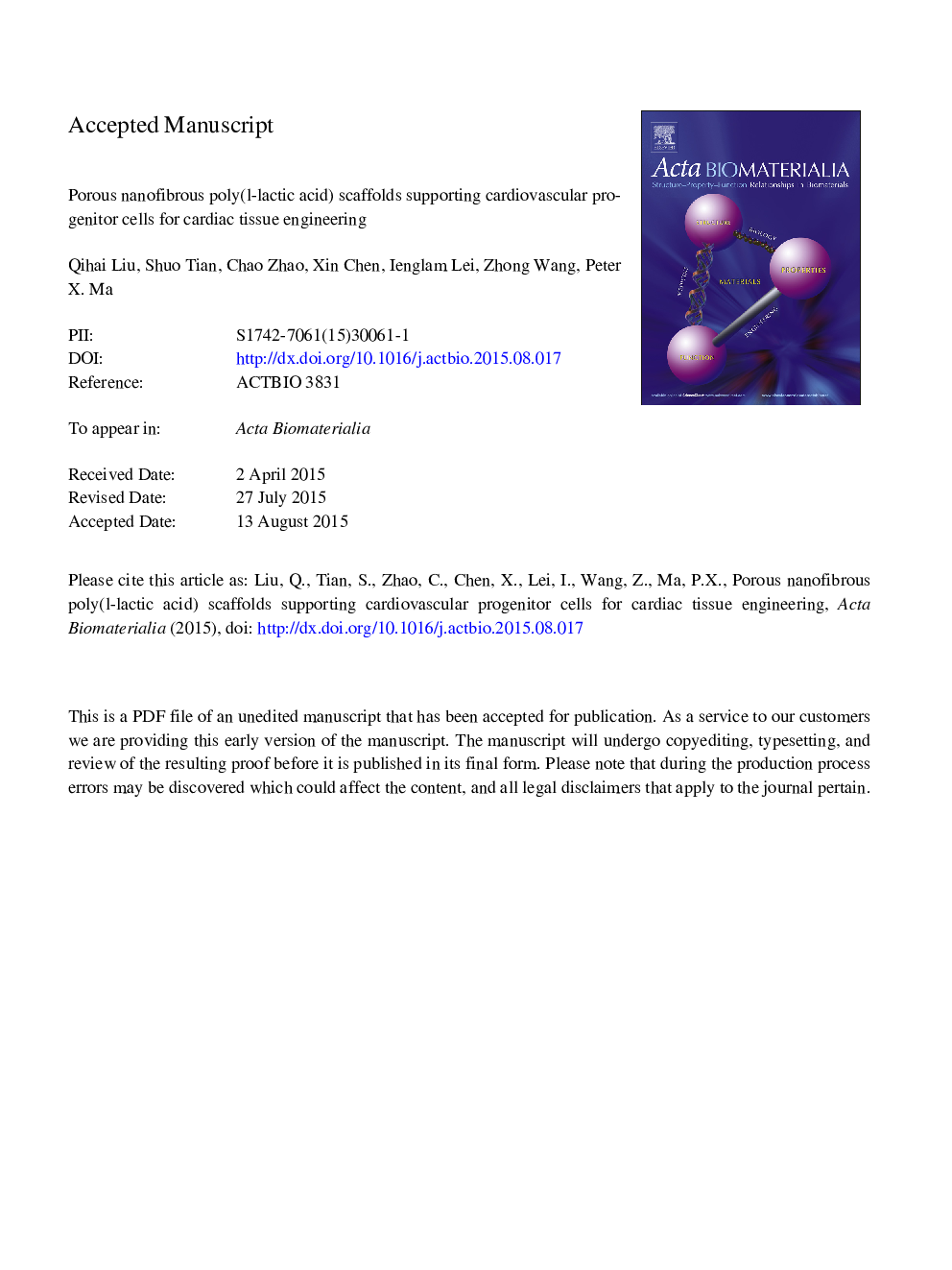 Porous nanofibrous poly(l-lactic acid) scaffolds supporting cardiovascular progenitor cells for cardiac tissue engineering