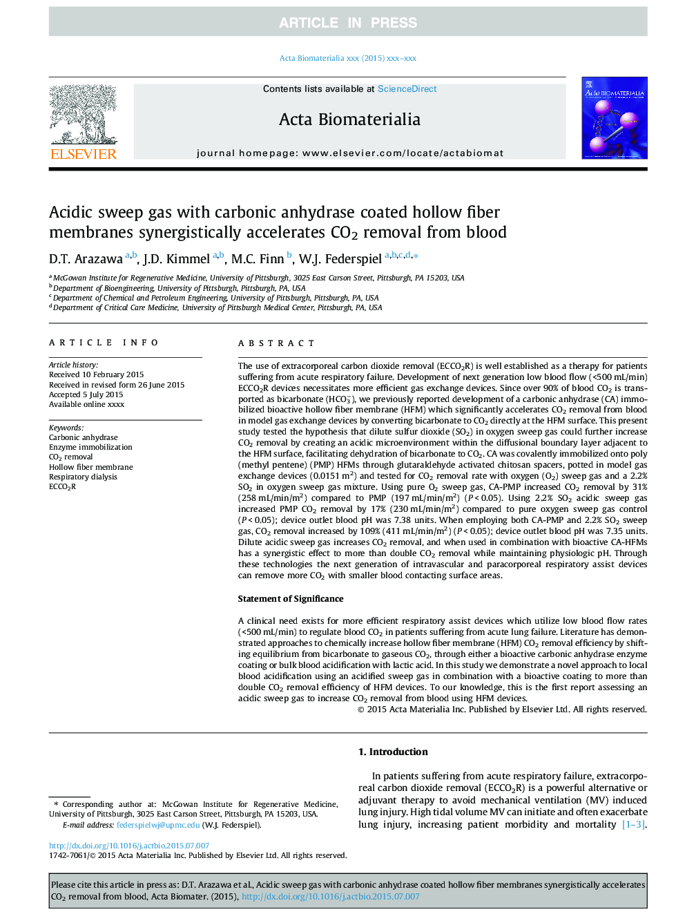 Acidic sweep gas with carbonic anhydrase coated hollow fiber membranes synergistically accelerates CO2 removal from blood