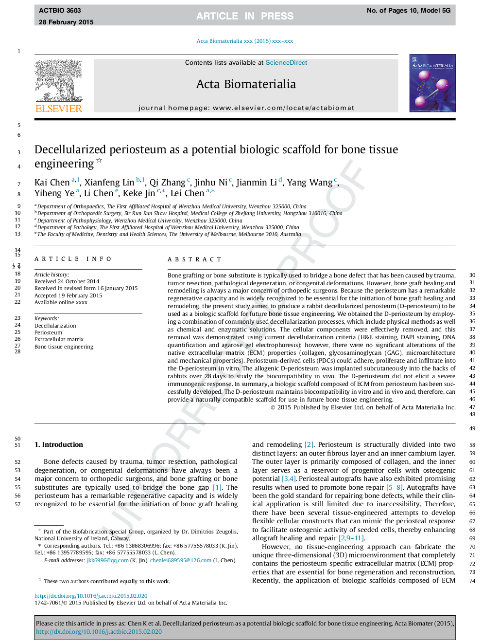 Decellularized periosteum as a potential biologic scaffold for bone tissue engineering