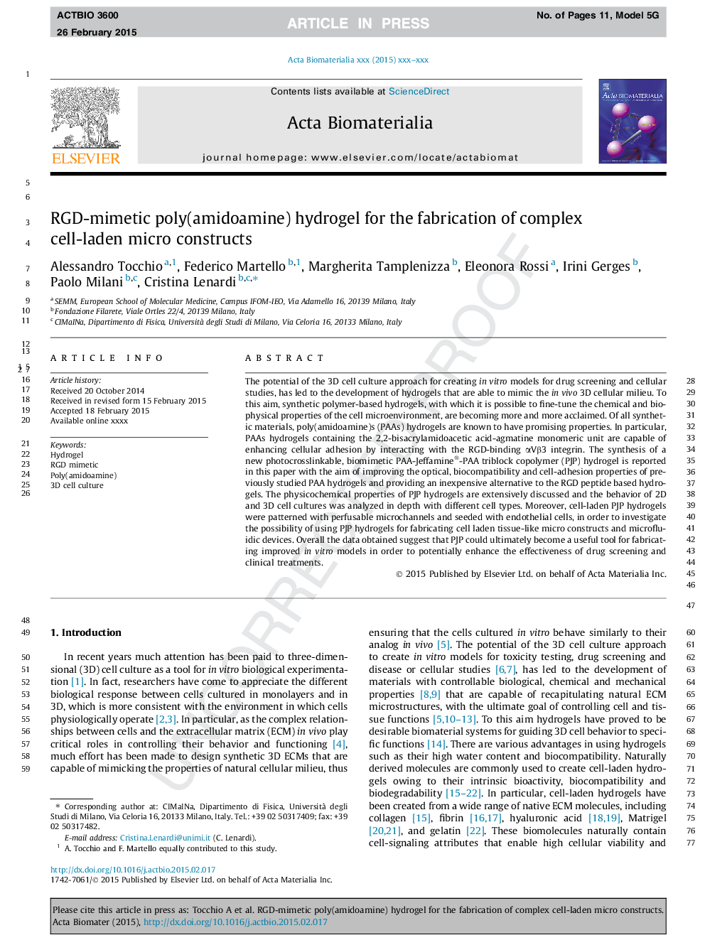 RGD-mimetic poly(amidoamine) hydrogel for the fabrication of complex cell-laden micro constructs