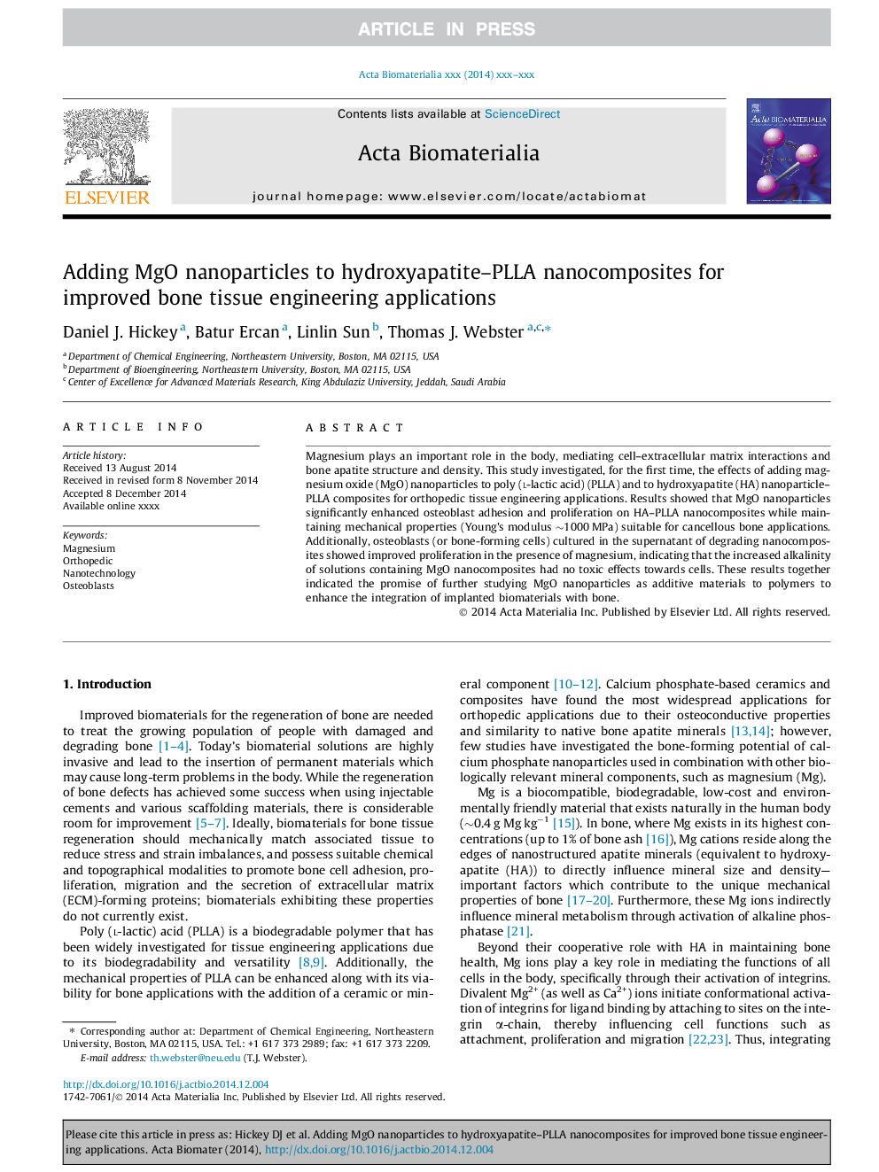 Adding MgO nanoparticles to hydroxyapatite-PLLA nanocomposites for improved bone tissue engineering applications