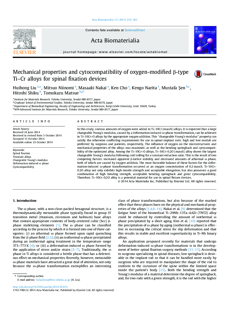 Mechanical properties and cytocompatibility of oxygen-modified Î²-type Ti-Cr alloys for spinal fixation devices