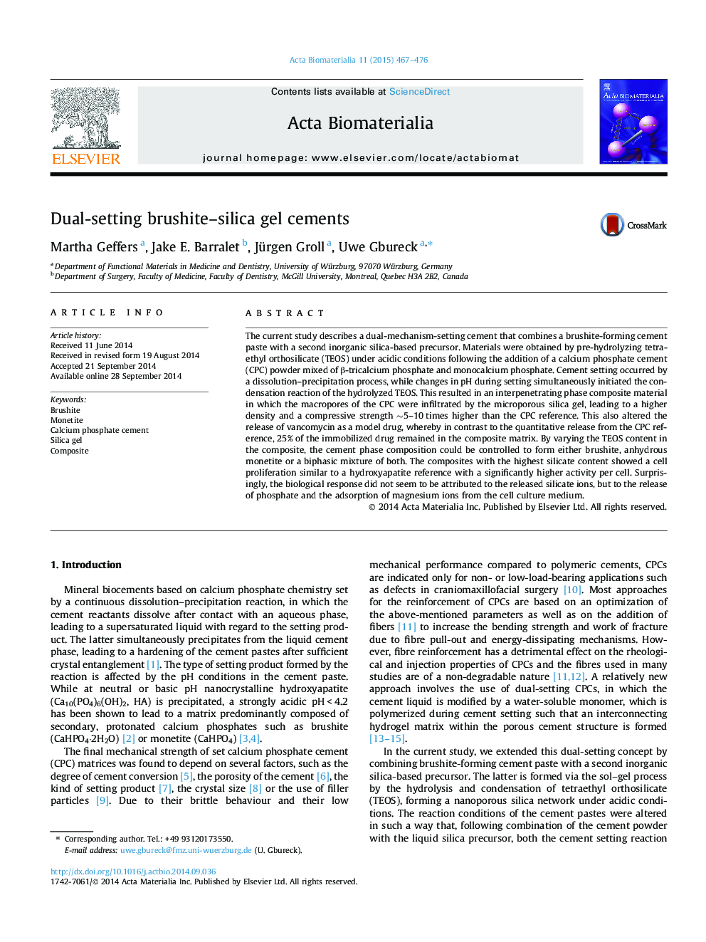 Dual-setting brushite-silica gel cements