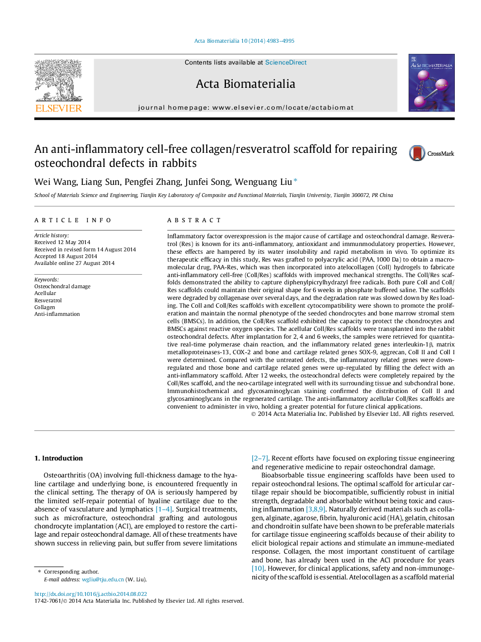 An anti-inflammatory cell-free collagen/resveratrol scaffold for repairing osteochondral defects in rabbits