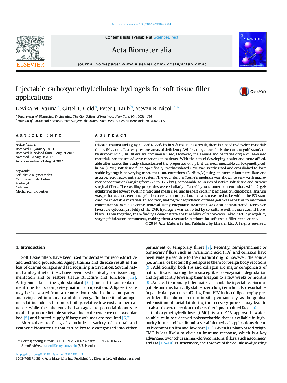 Injectable carboxymethylcellulose hydrogels for soft tissue filler applications