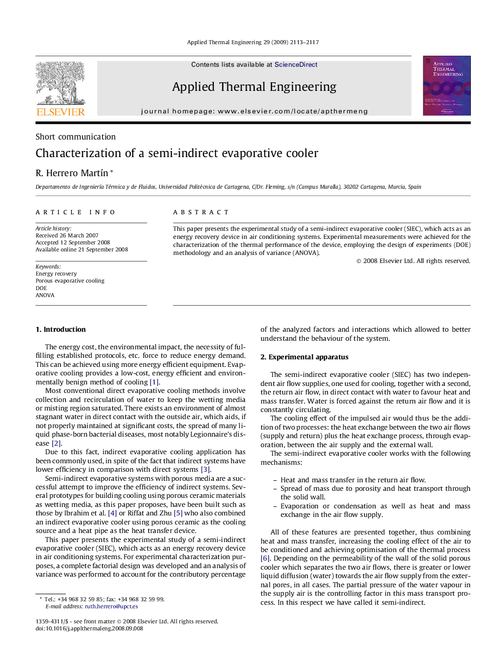 Characterization of a semi-indirect evaporative cooler