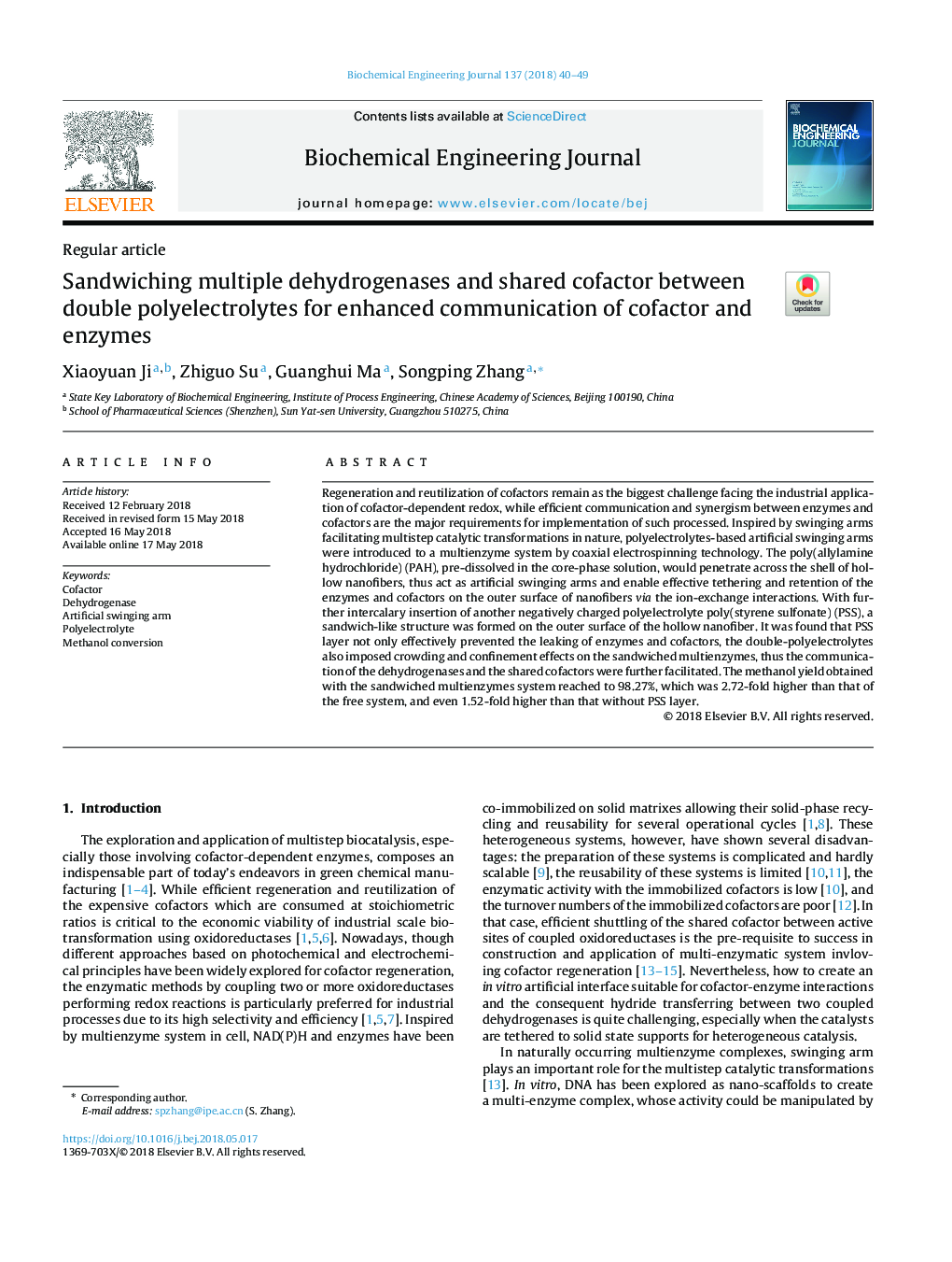 Sandwiching multiple dehydrogenases and shared cofactor between double polyelectrolytes for enhanced communication of cofactor and enzymes