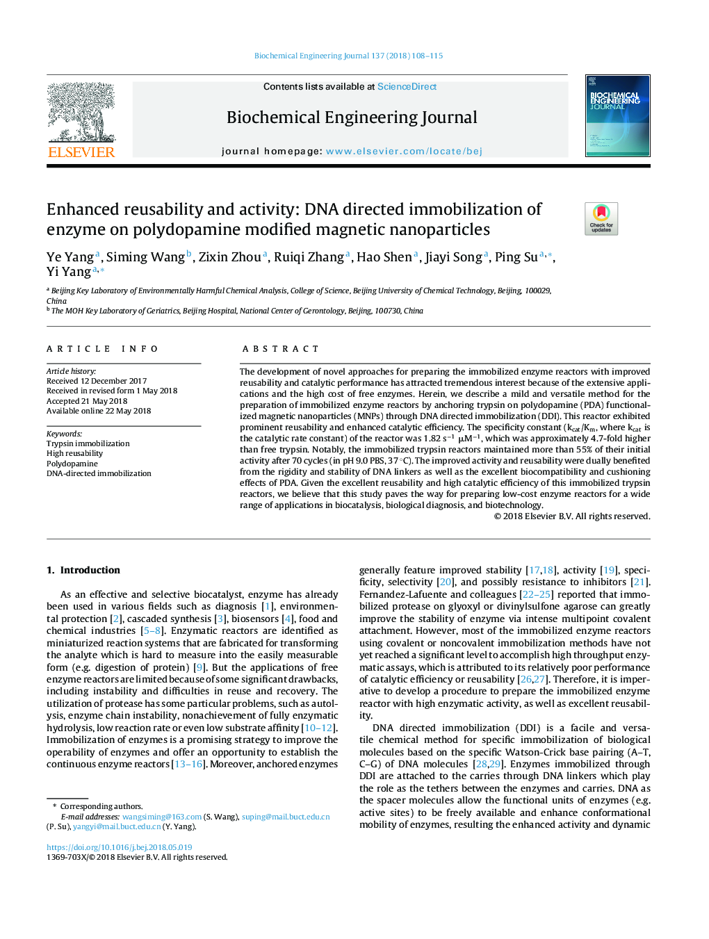 Enhanced reusability and activity: DNA directed immobilization of enzyme on polydopamine modified magnetic nanoparticles