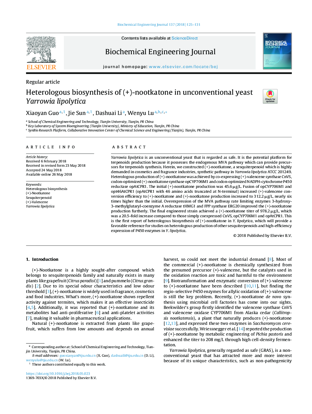 Heterologous biosynthesis of (+)-nootkatone in unconventional yeast Yarrowia lipolytica