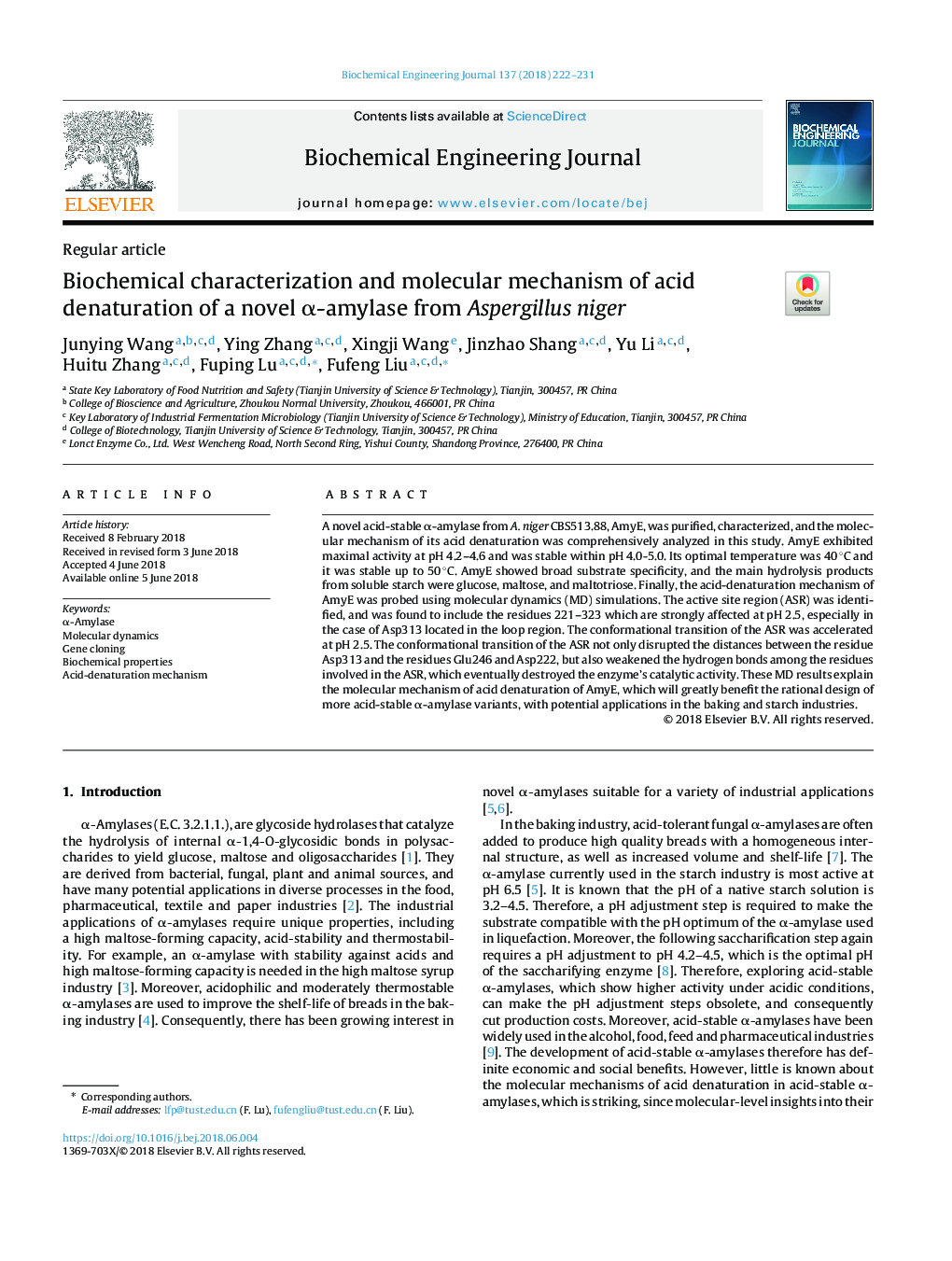 Biochemical characterization and molecular mechanism of acid denaturation of a novel Î±-amylase from Aspergillus niger