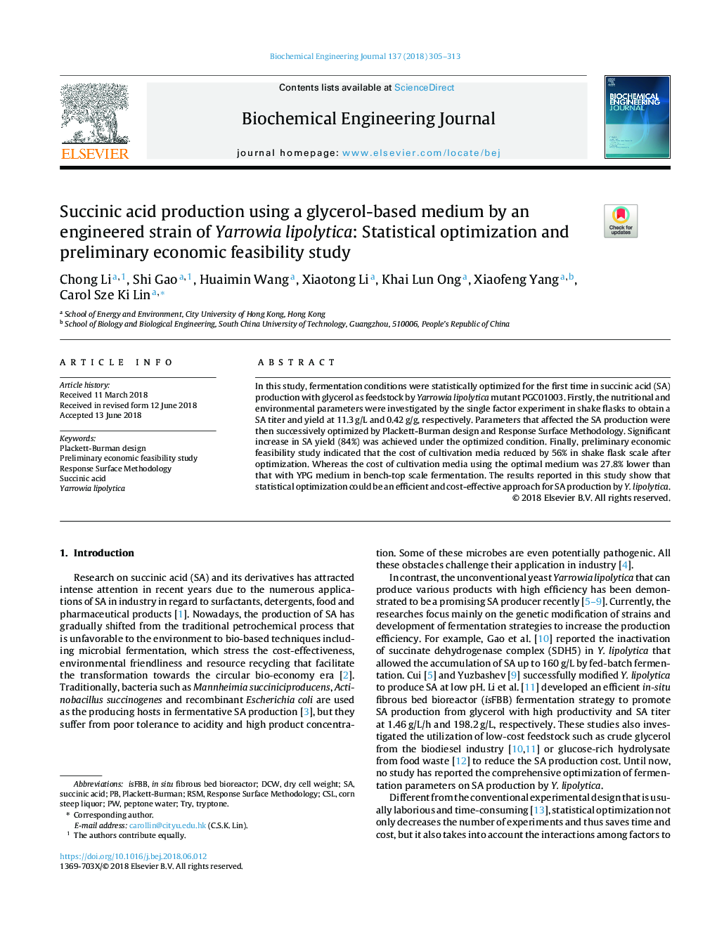 Succinic acid production using a glycerol-based medium by an engineered strain of Yarrowia lipolytica: Statistical optimization and preliminary economic feasibility study