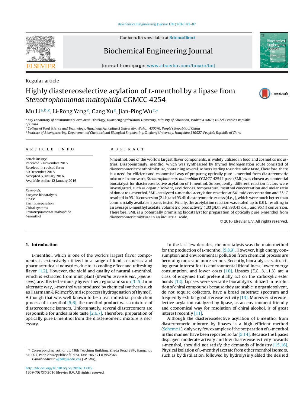 Highly diastereoselective acylation of l-menthol by a lipase from Stenotrophomonas maltophilia CGMCC 4254