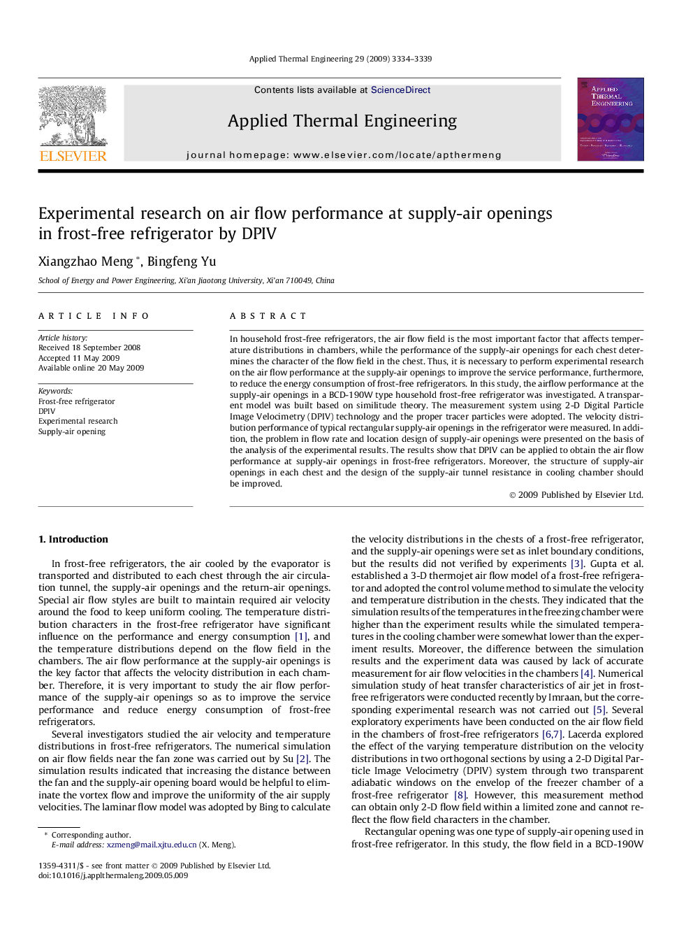 Experimental research on air flow performance at supply-air openings in frost-free refrigerator by DPIV