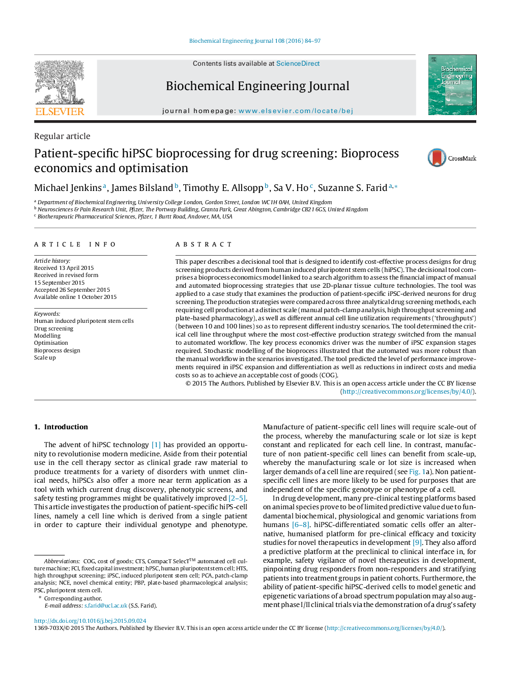 Patient-specific hiPSC bioprocessing for drug screening: Bioprocess economics and optimisation