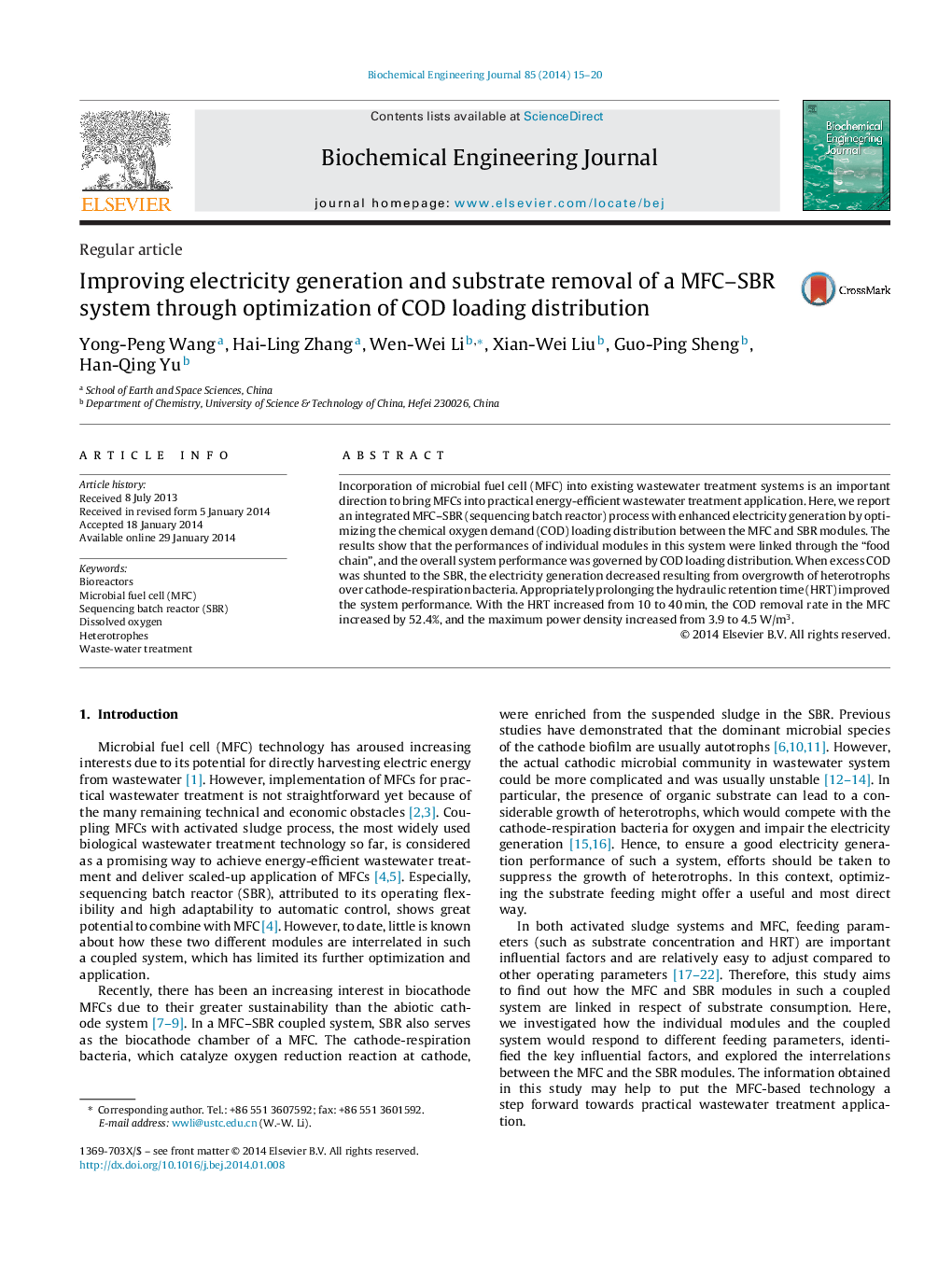 Improving electricity generation and substrate removal of a MFC-SBR system through optimization of COD loading distribution