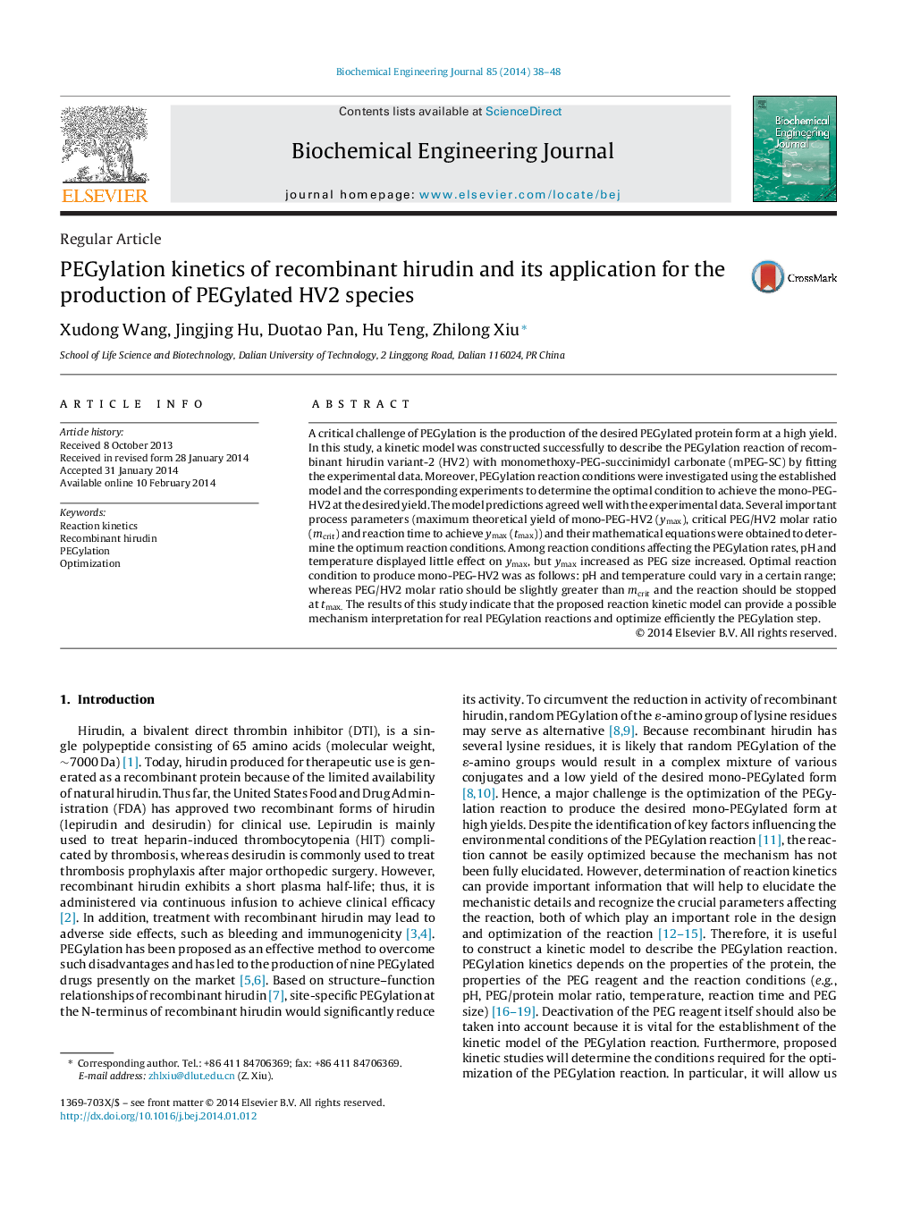 PEGylation kinetics of recombinant hirudin and its application for the production of PEGylated HV2 species