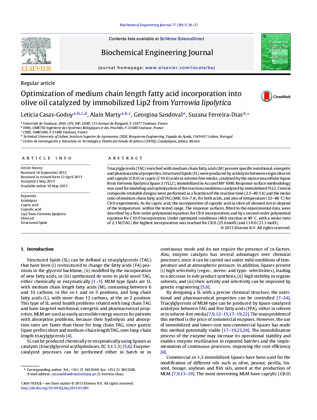 Optimization of medium chain length fatty acid incorporation into olive oil catalyzed by immobilized Lip2 from Yarrowia lipolytica