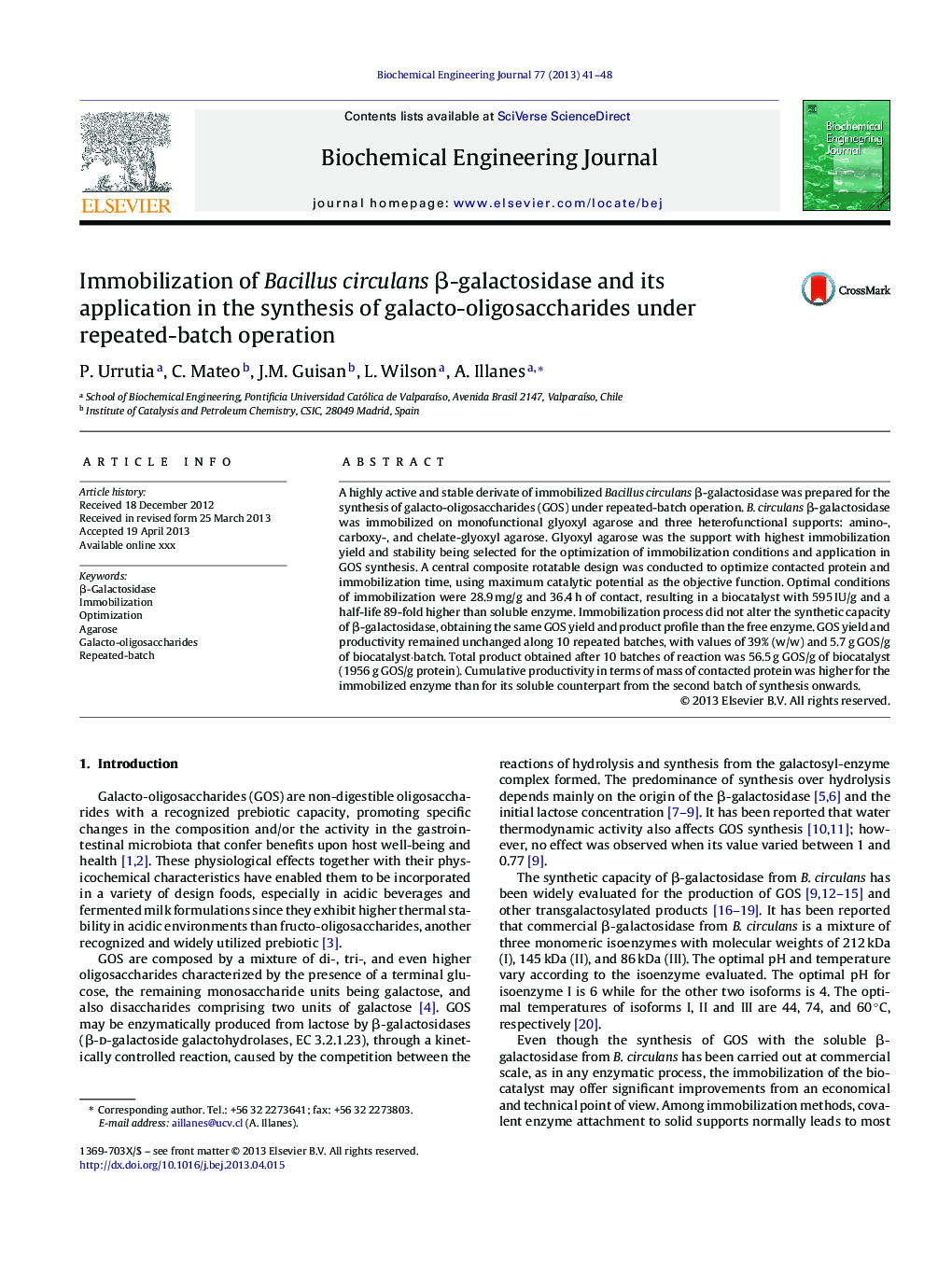 Immobilization of Bacillus circulans Î²-galactosidase and its application in the synthesis of galacto-oligosaccharides under repeated-batch operation