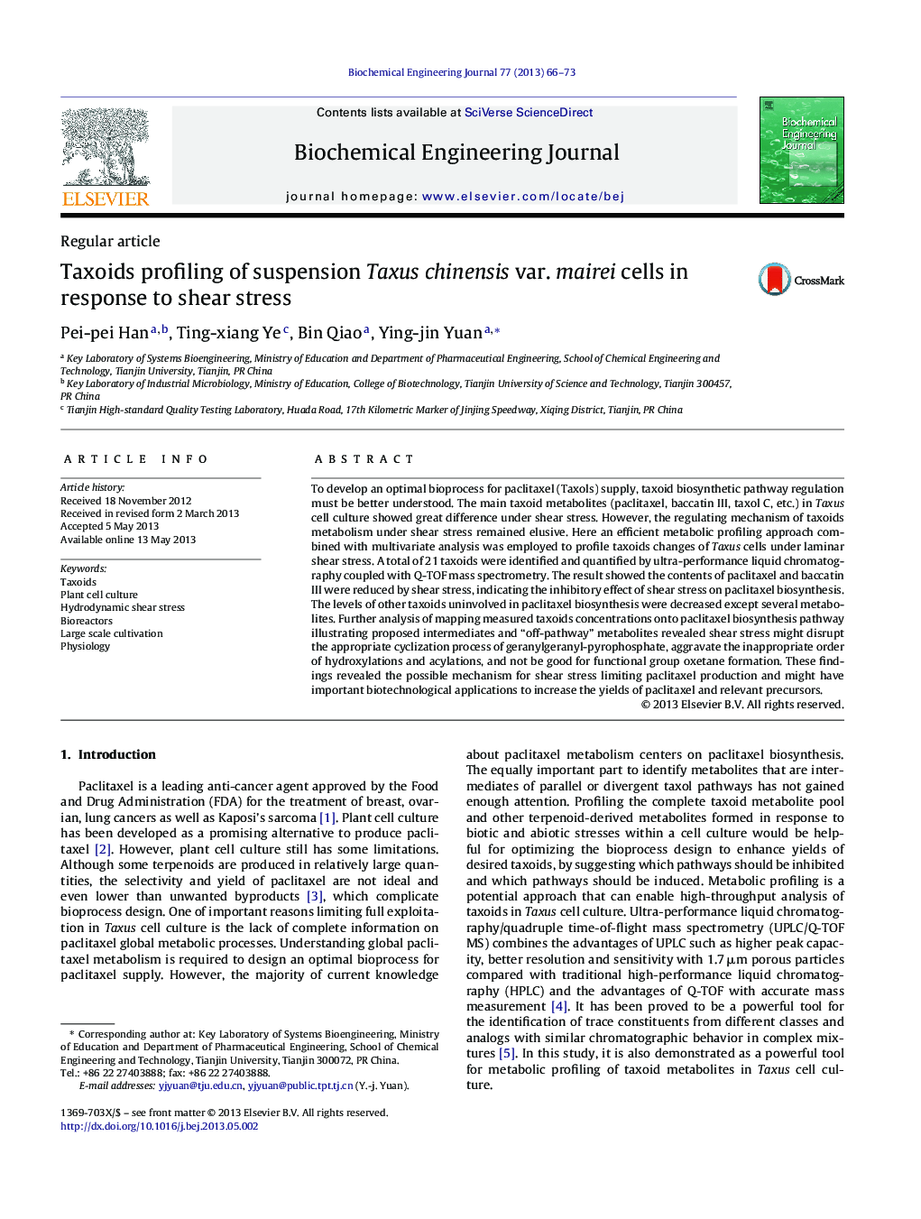 Taxoids profiling of suspension Taxus chinensis var. mairei cells in response to shear stress