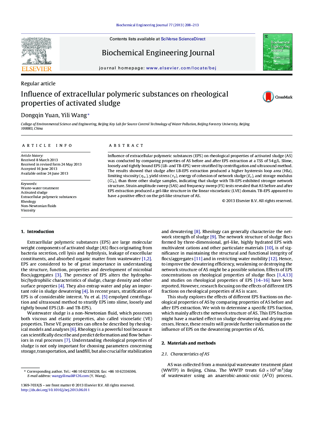 Influence of extracellular polymeric substances on rheological properties of activated sludge