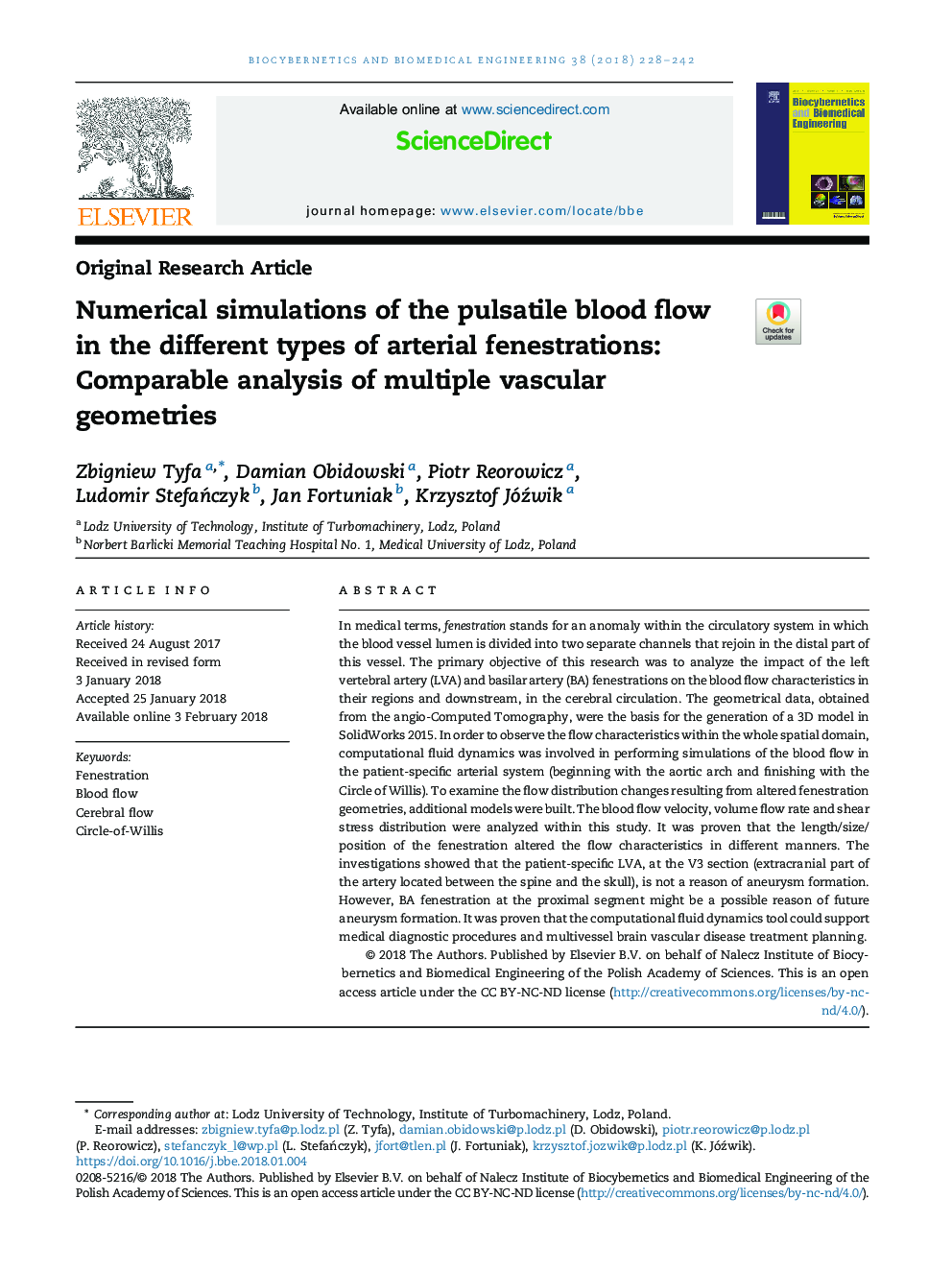 Numerical simulations of the pulsatile blood flow in the different types of arterial fenestrations: Comparable analysis of multiple vascular geometries