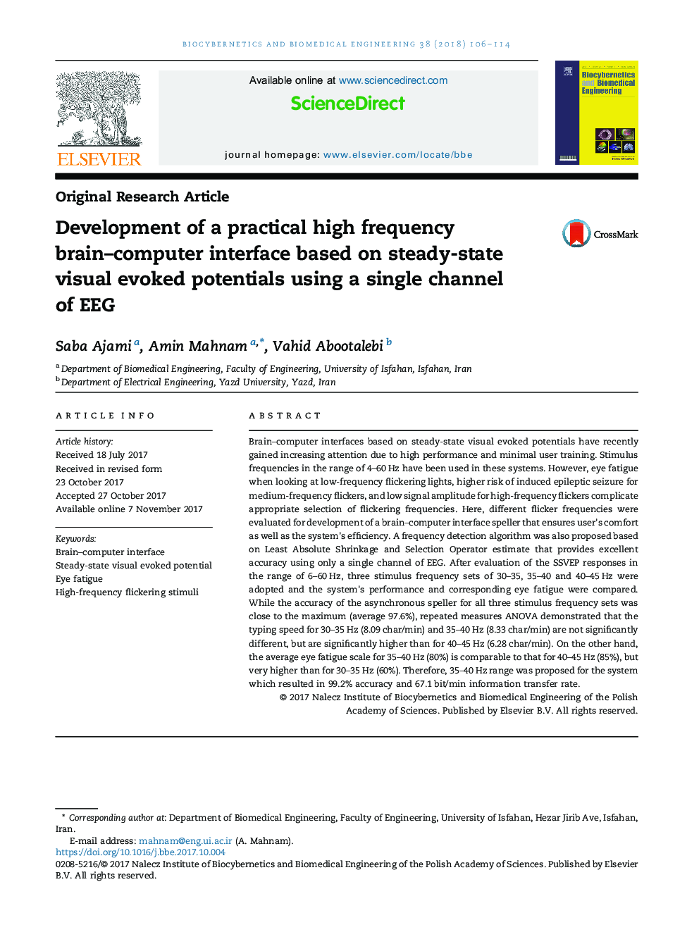Development of a practical high frequency brain-computer interface based on steady-state visual evoked potentials using a single channel of EEG