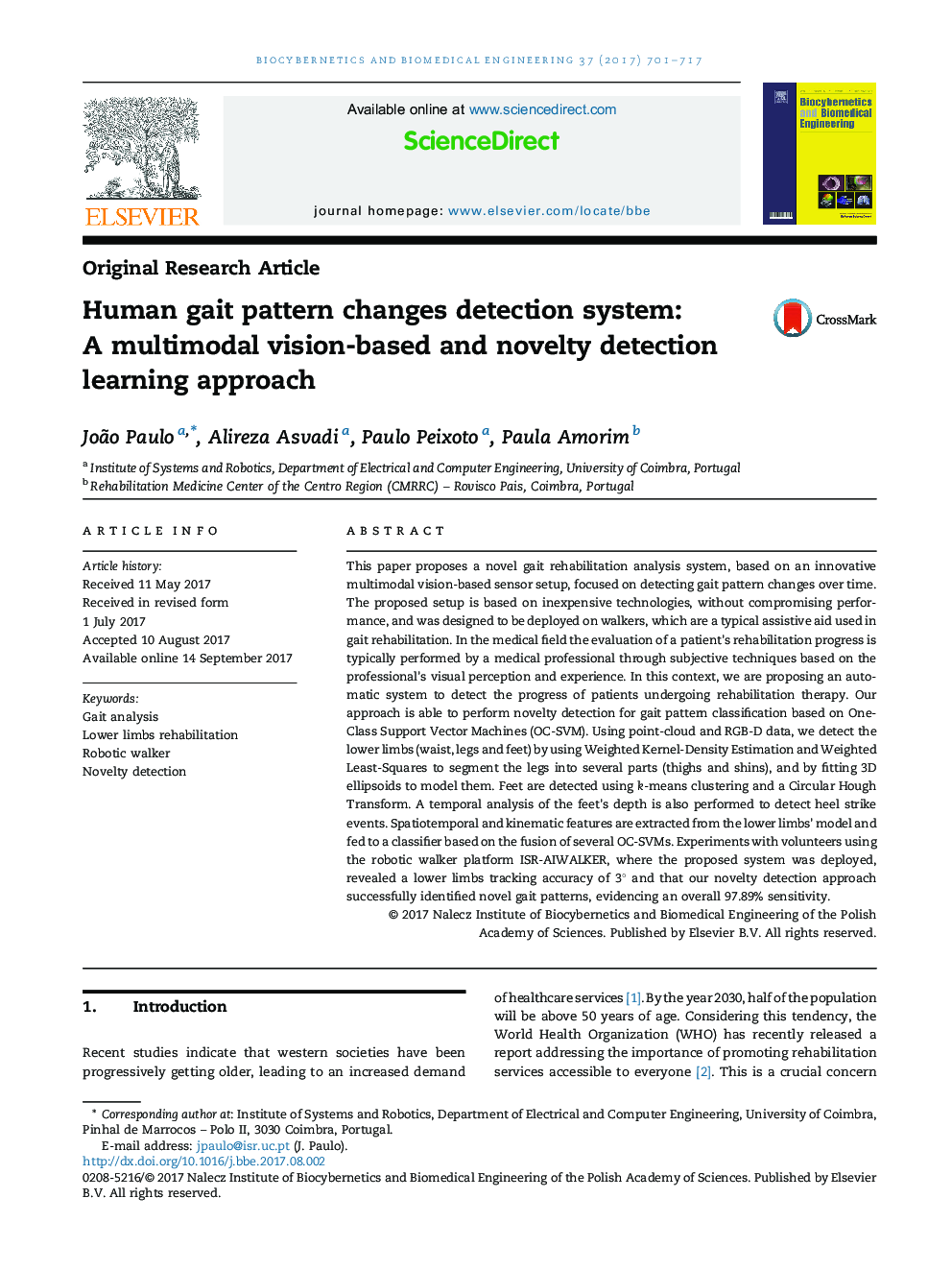 Human gait pattern changes detection system: A multimodal vision-based and novelty detection learning approach