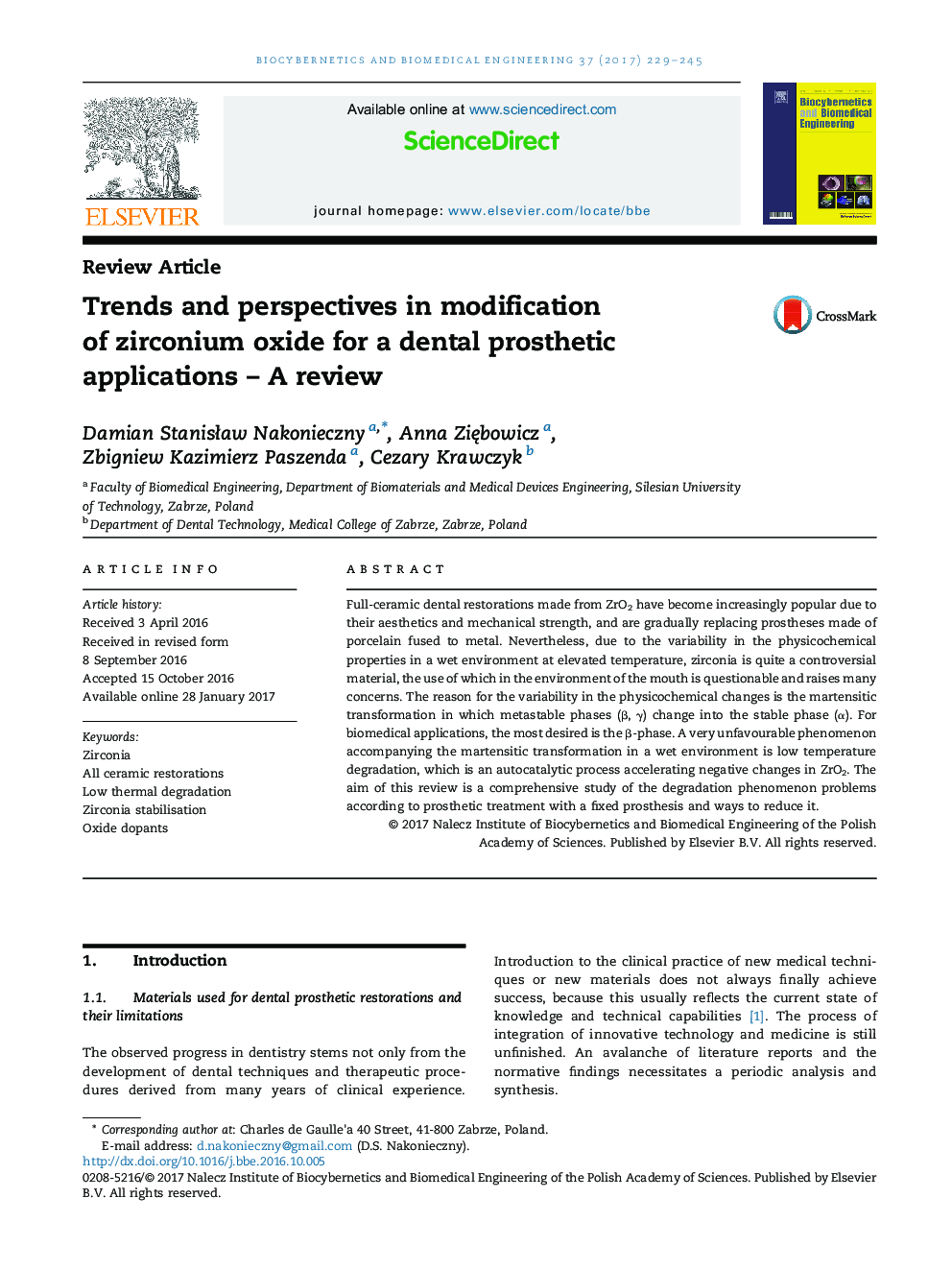 Trends and perspectives in modification of zirconium oxide for a dental prosthetic applications - A review