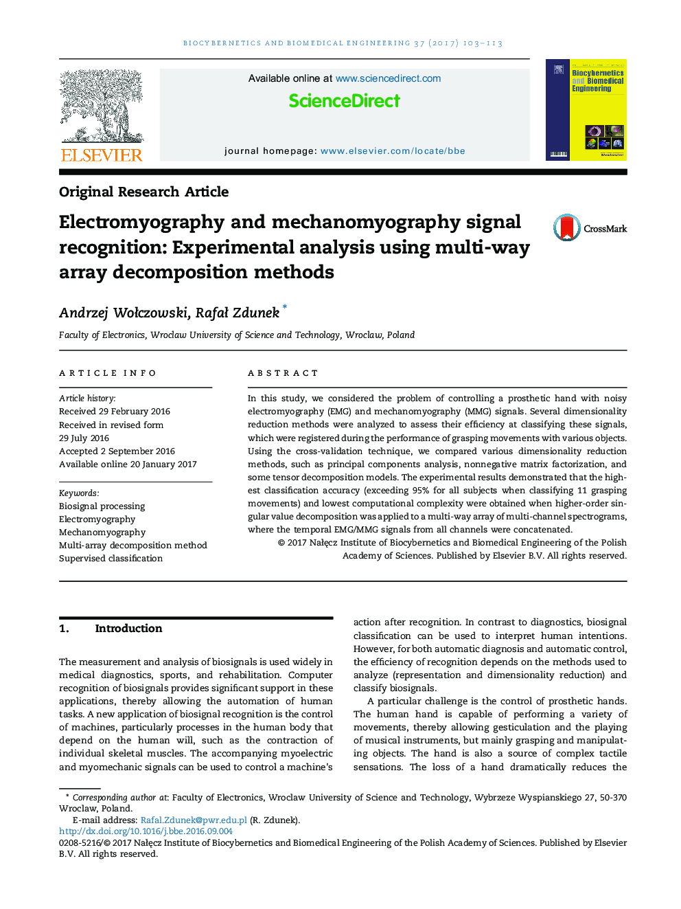 Electromyography and mechanomyography signal recognition: Experimental analysis using multi-way array decomposition methods