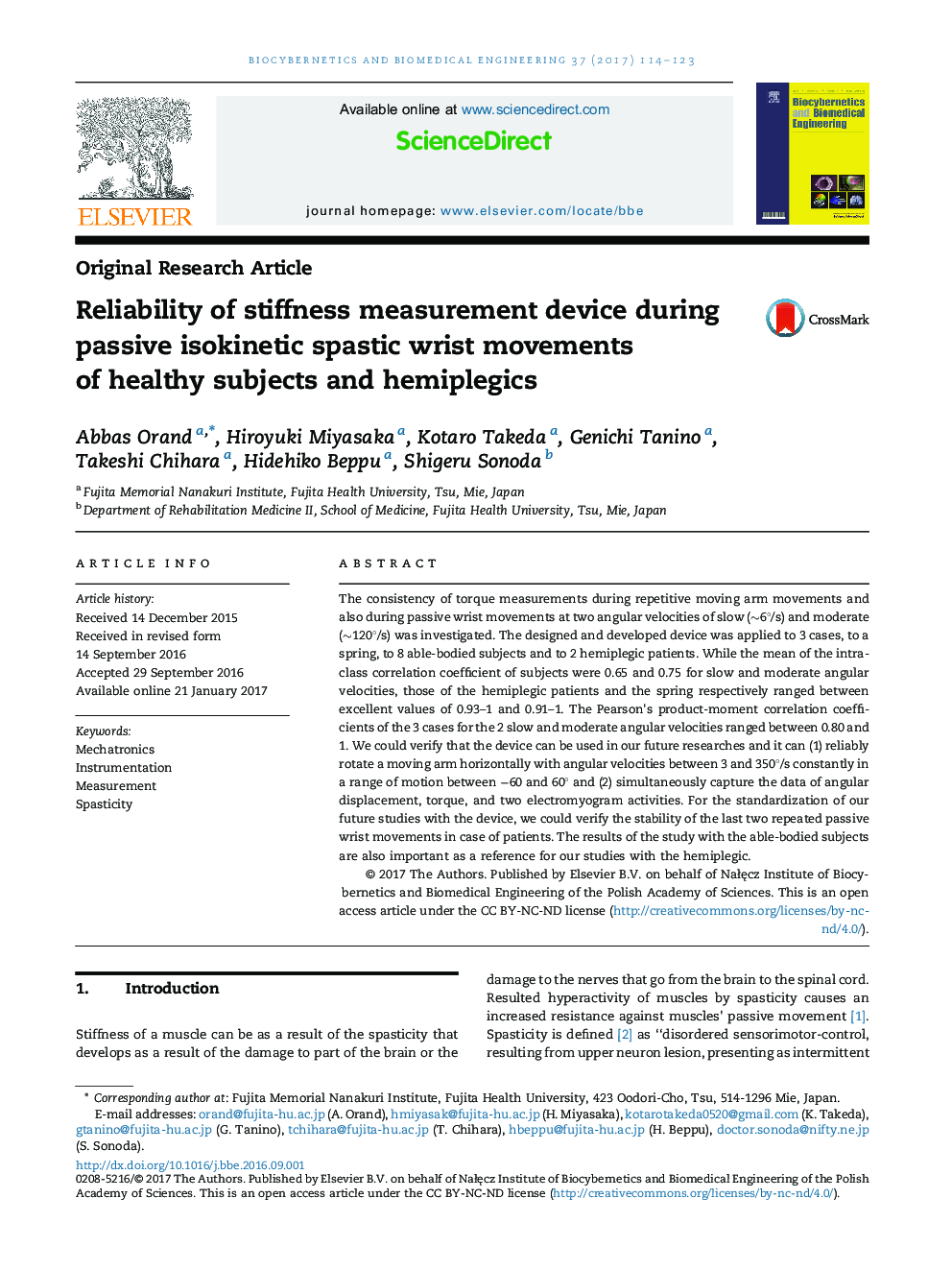 Reliability of stiffness measurement device during passive isokinetic spastic wrist movements of healthy subjects and hemiplegics