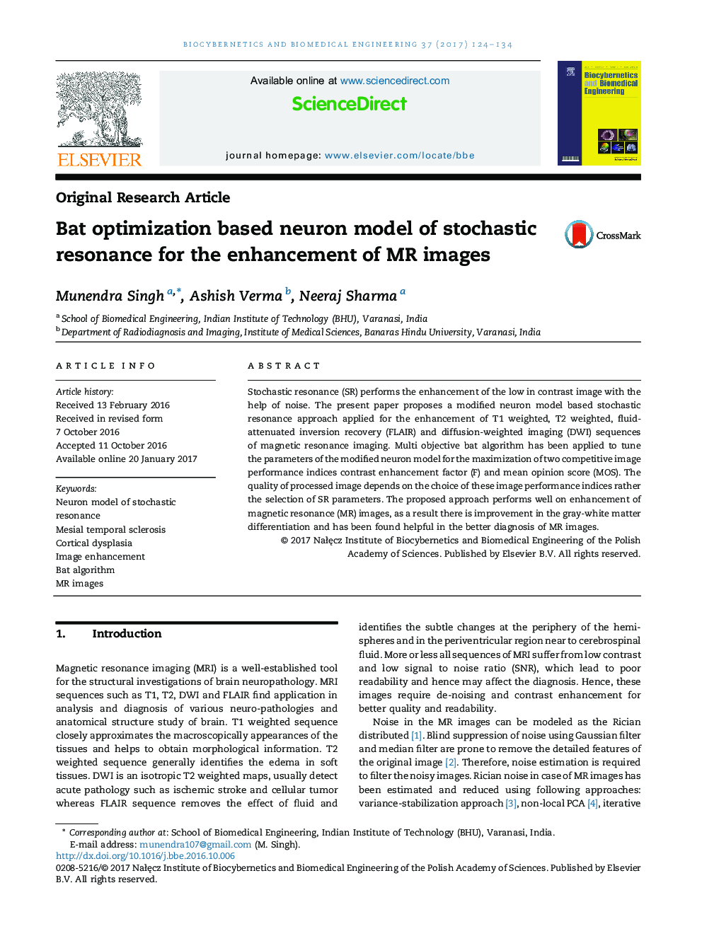 Bat optimization based neuron model of stochastic resonance for the enhancement of MR images