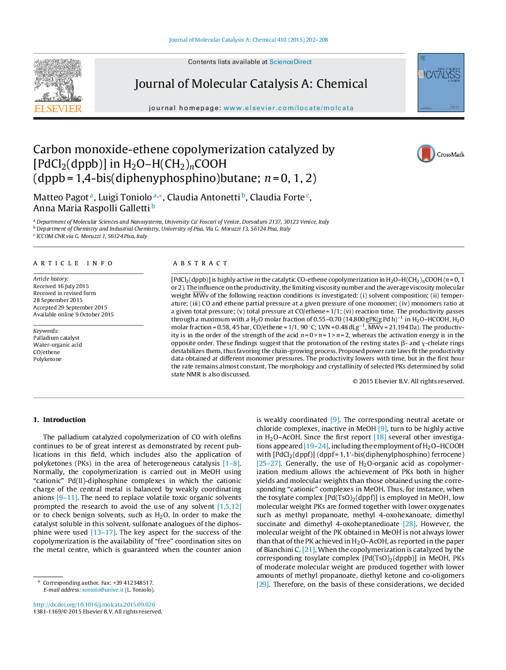 Carbon monoxide-ethene copolymerization catalyzed by [PdCl2(dppb)] in H2O–H(CH2)nCOOH (dppb = 1,4-bis(diphenyphosphino)butane; n = 0, 1, 2)