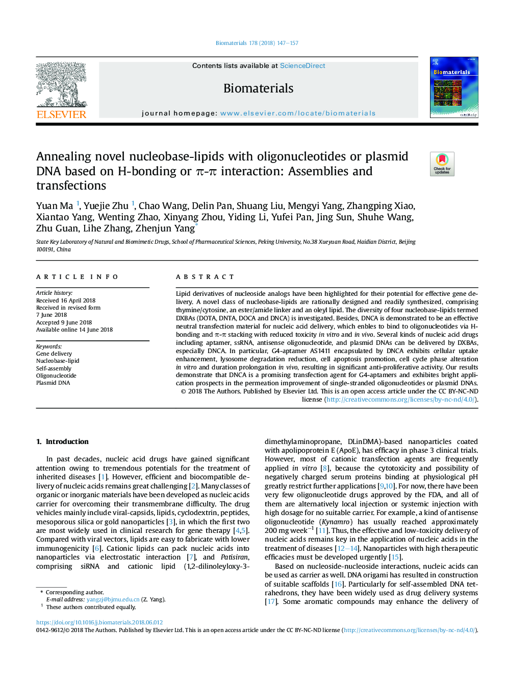 Annealing novel nucleobase-lipids with oligonucleotides or plasmid DNA based on H-bonding or Ï-Ï interaction: Assemblies and transfections