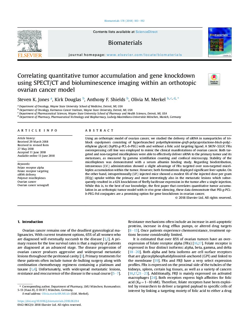 Correlating quantitative tumor accumulation and gene knockdown using SPECT/CT and bioluminescence imaging within an orthotopic ovarian cancer model